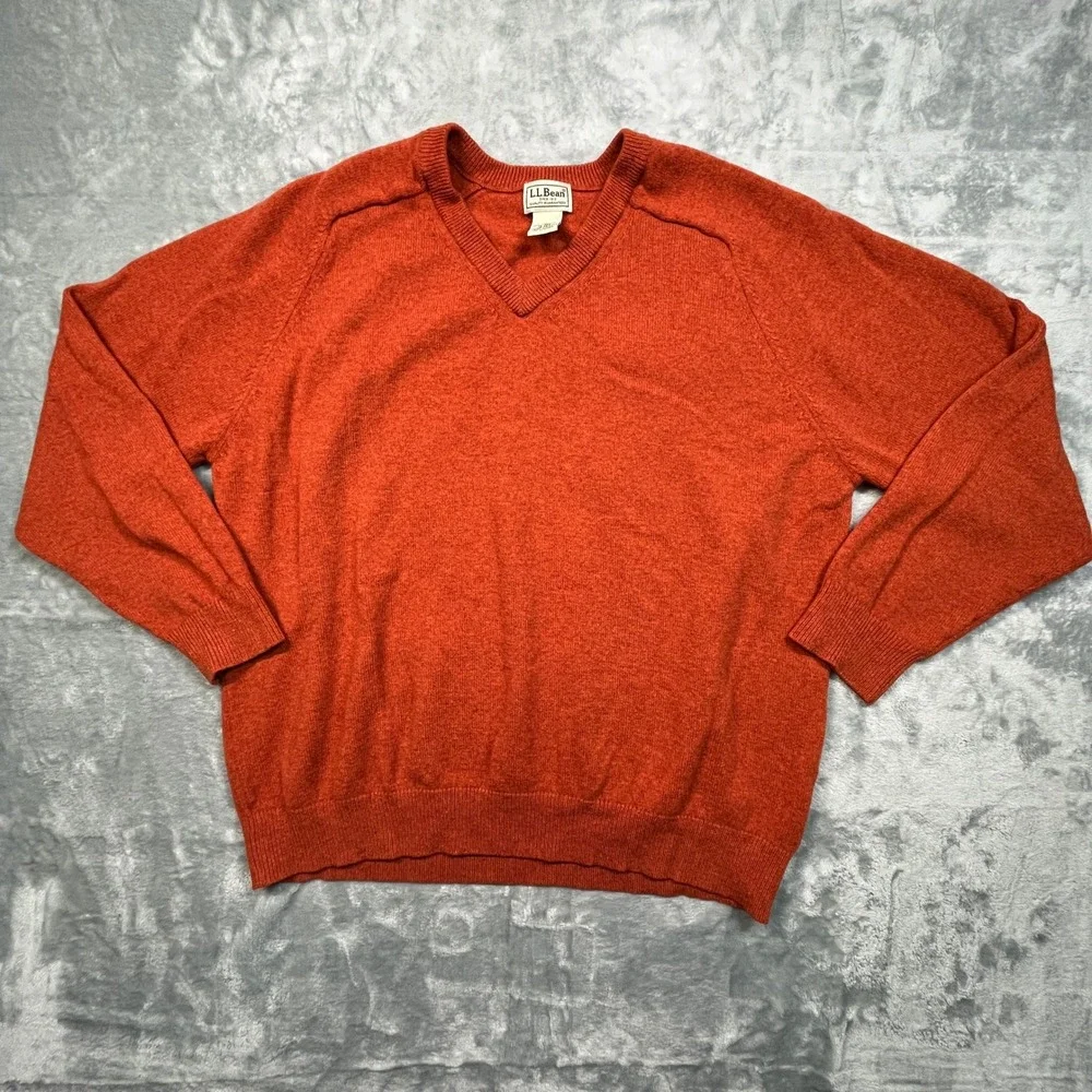 LL Bean Sweater Mens Orange Lambswool V-Neck Raglan‎ Long Sleeve Pullover XL
